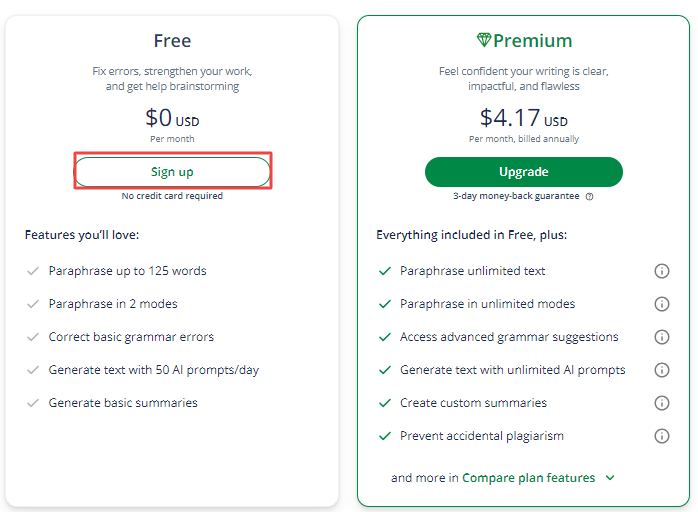 Quillbot Premium Page & Select Free Plan