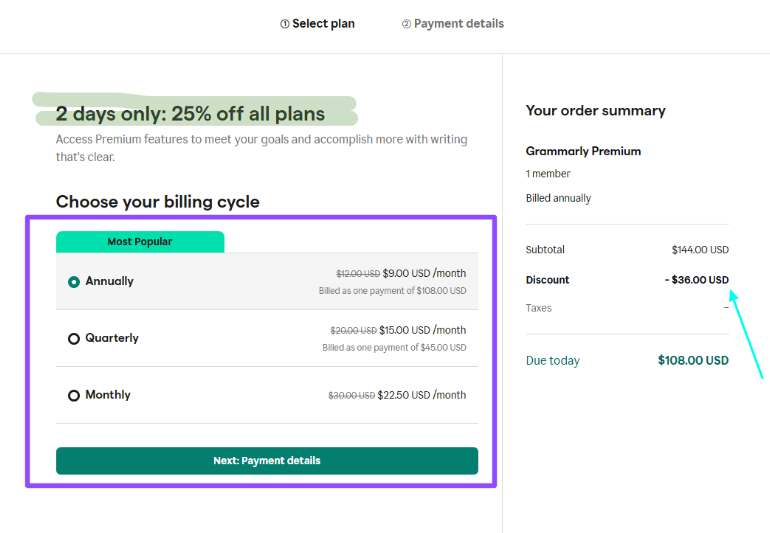 Grammarly Billing Page