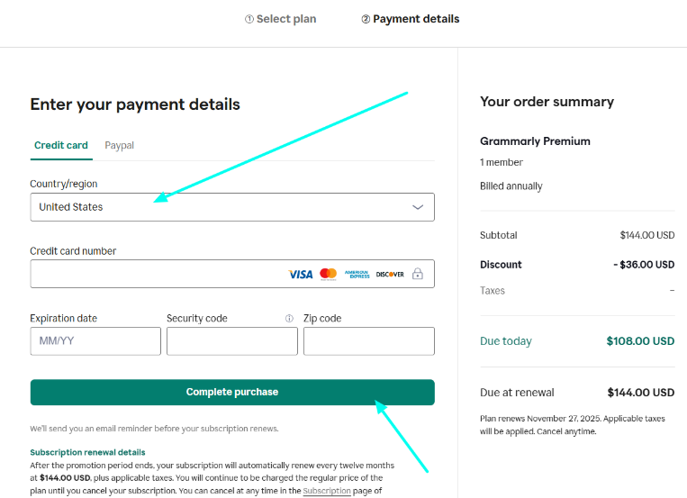 Grammarly Checkout Page